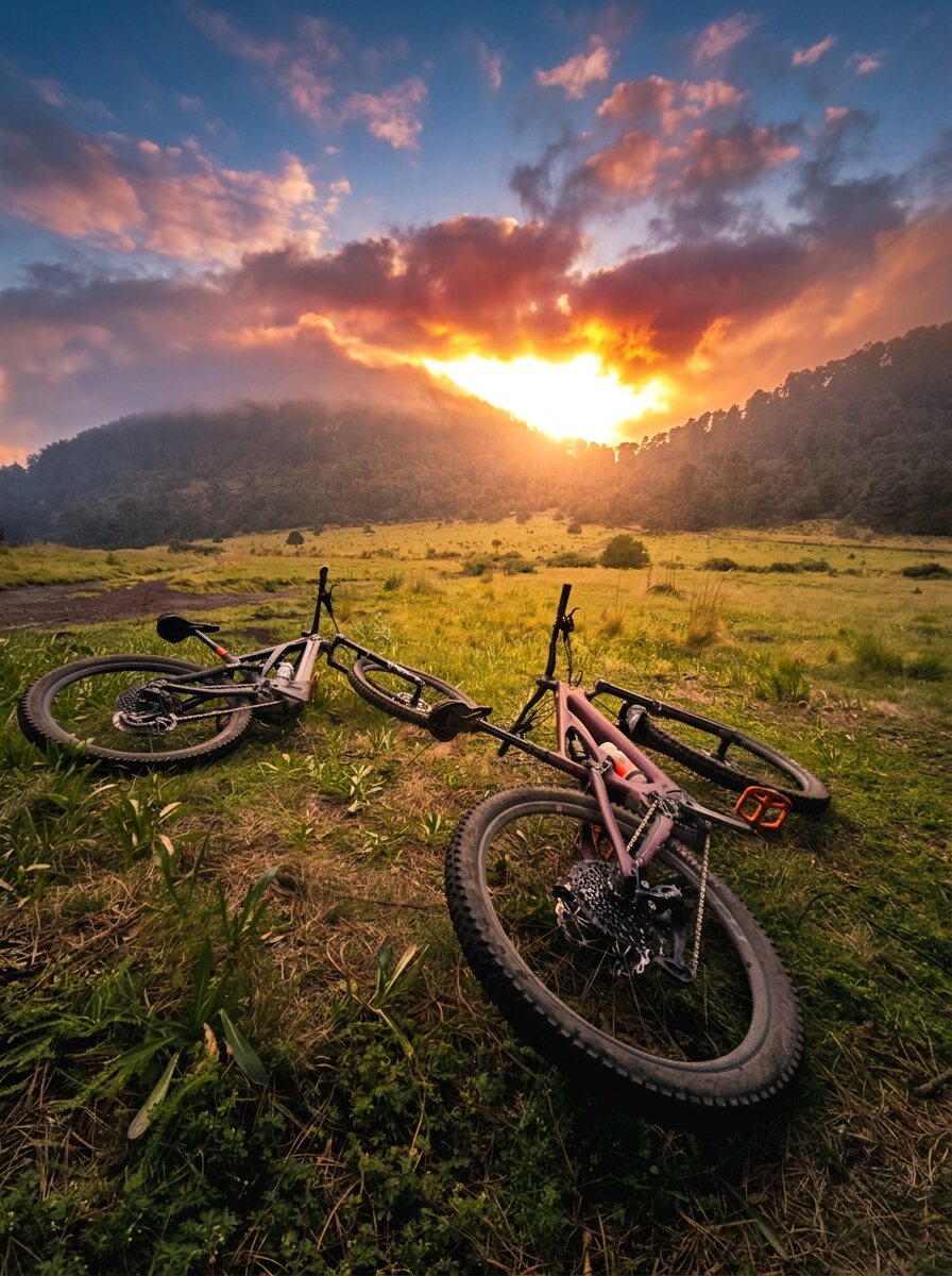 Two bikes down in the grass at the end of the day, the sun going in behind the forest