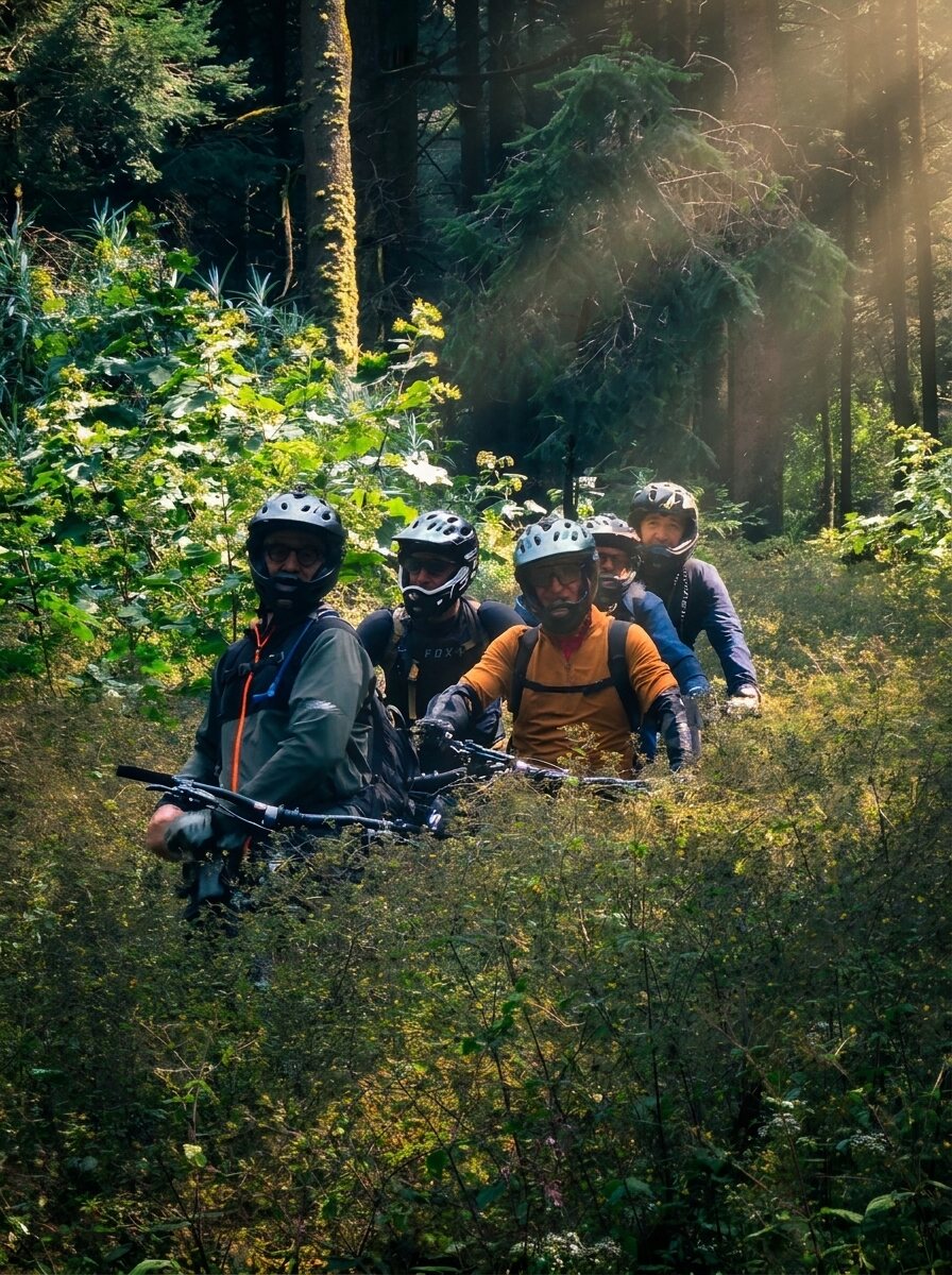 The group among the pines, morning light coming through the forest