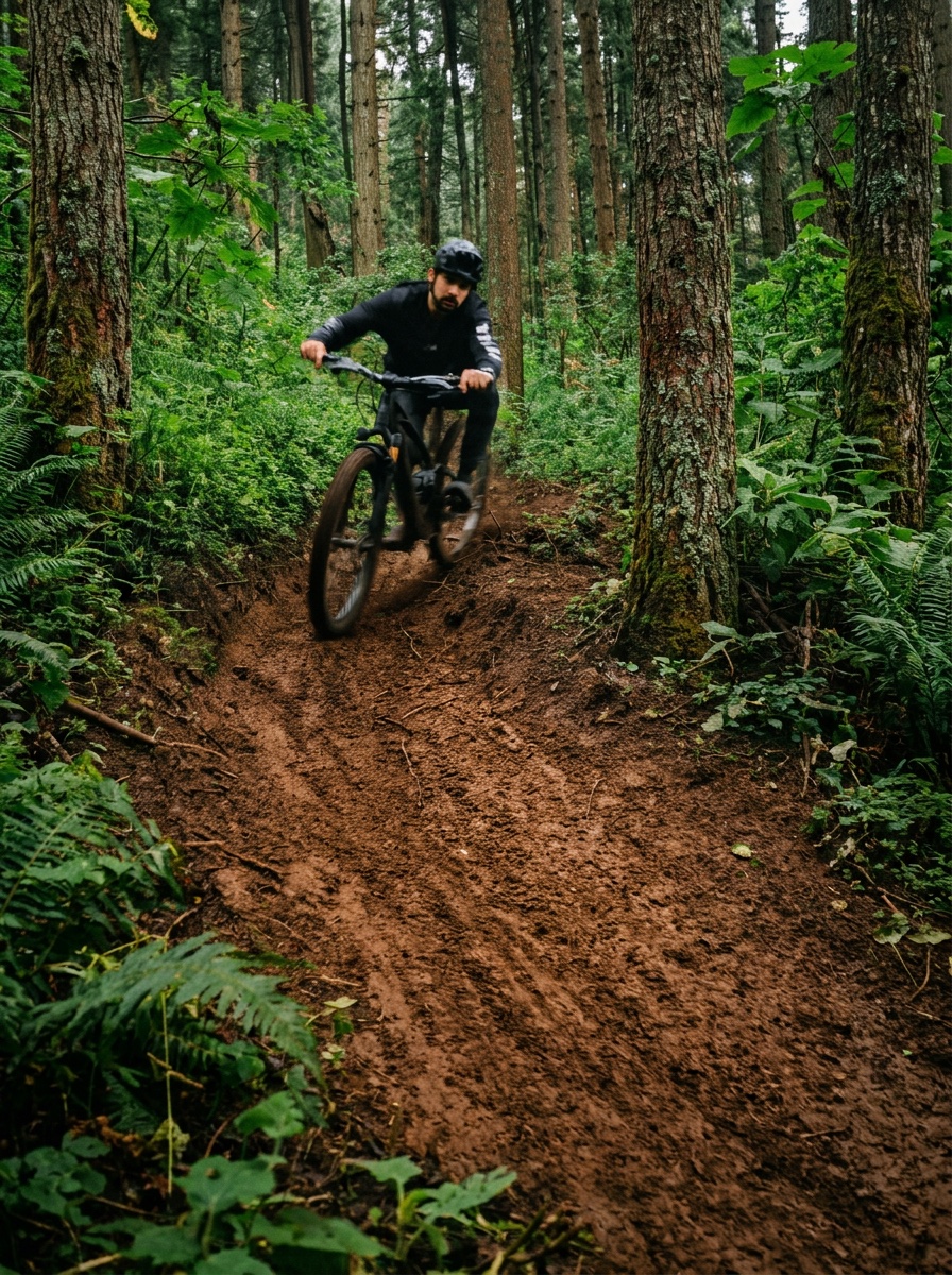 A rider descending singletrack through the pines, loose dirt opening up under the tire