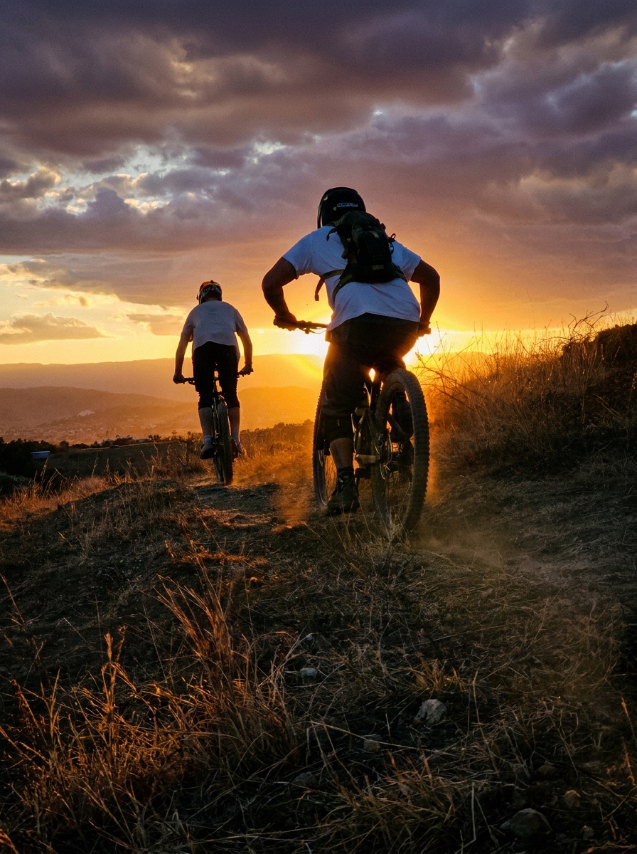 Two riders climbing towards the sun, the valley and the city below