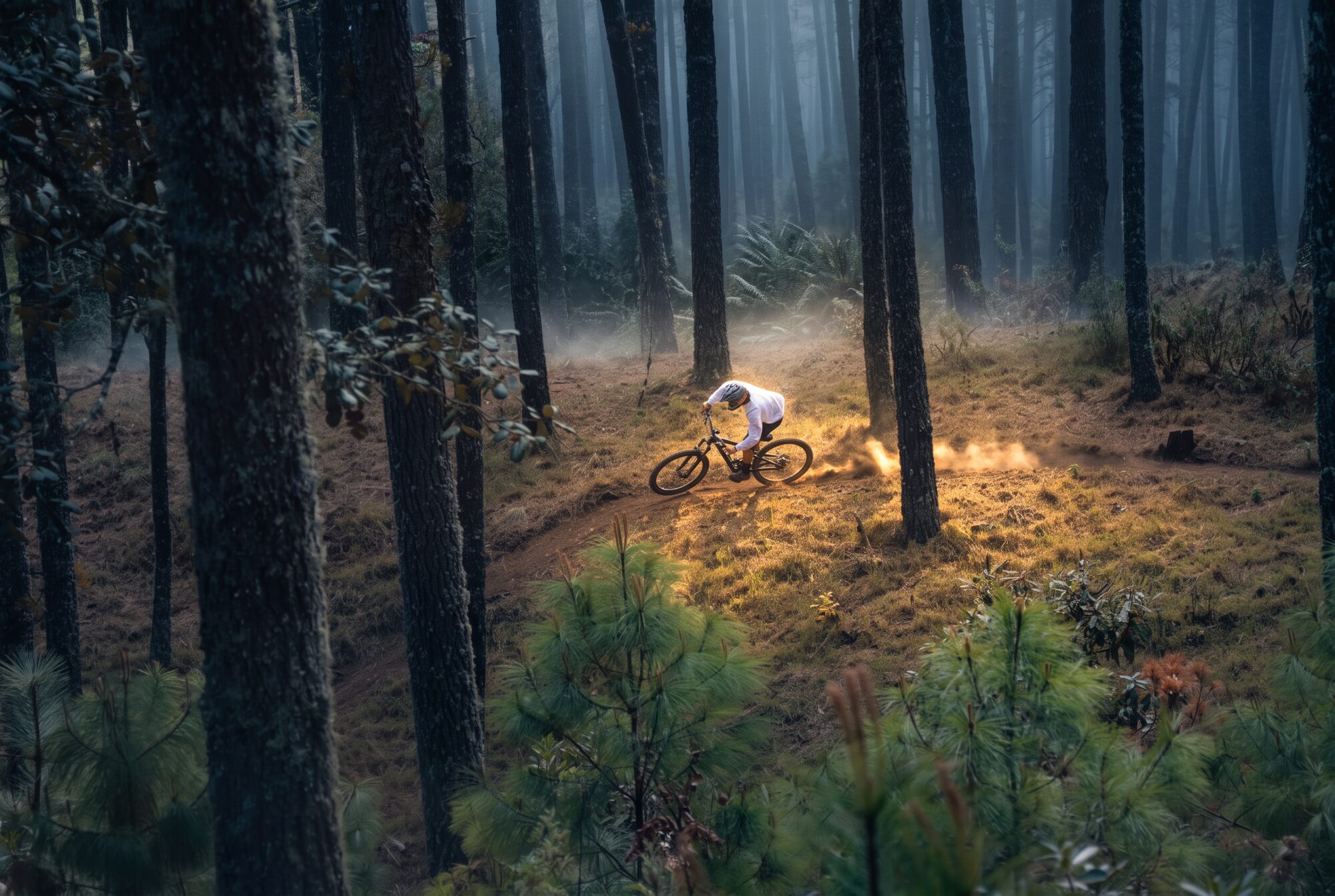 Un rider pequeño en el peralte, entre los troncos altos y la niebla del bosque