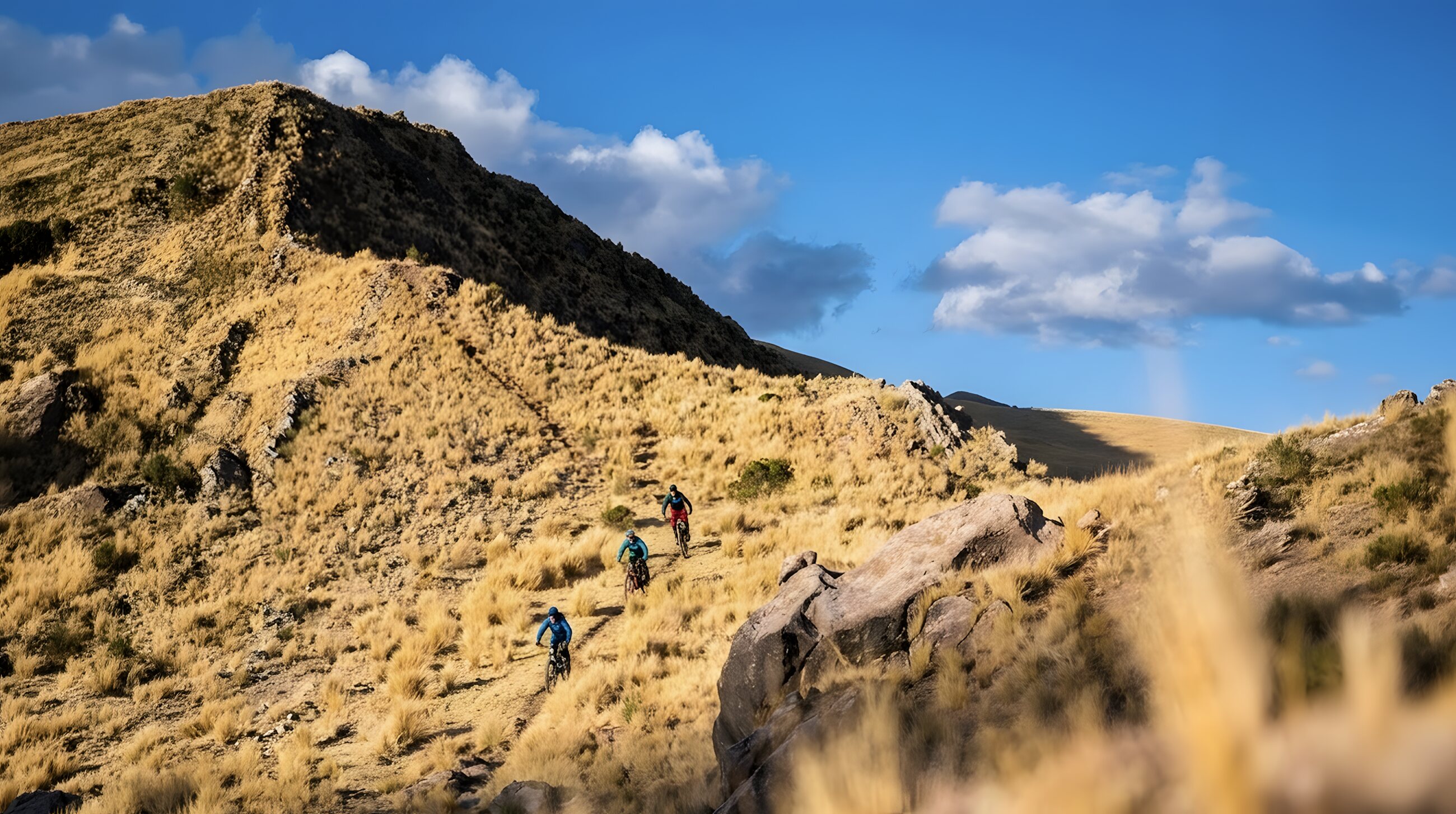 Three riders climbing the open ridge of the Sacred Valley