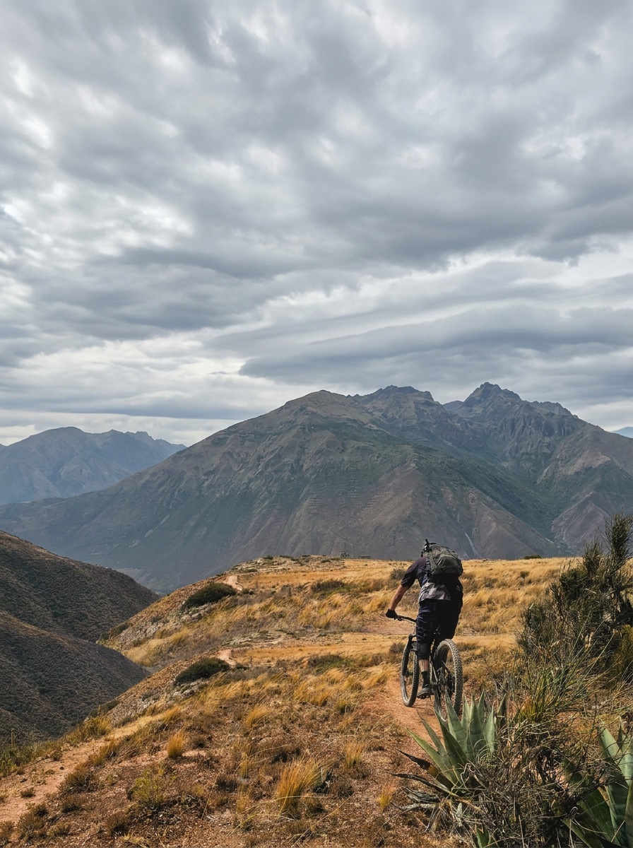 A rider along the ridgeline, the range and a heavy sky behind